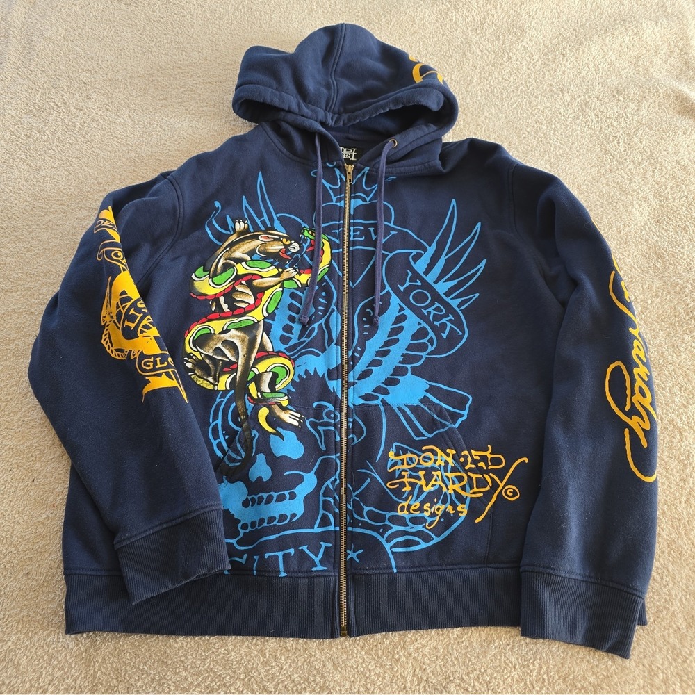 Ed Hardy Full-zip Graphic Hoodie Panther Snake Bulldog King Tattoo-art Blue XXL